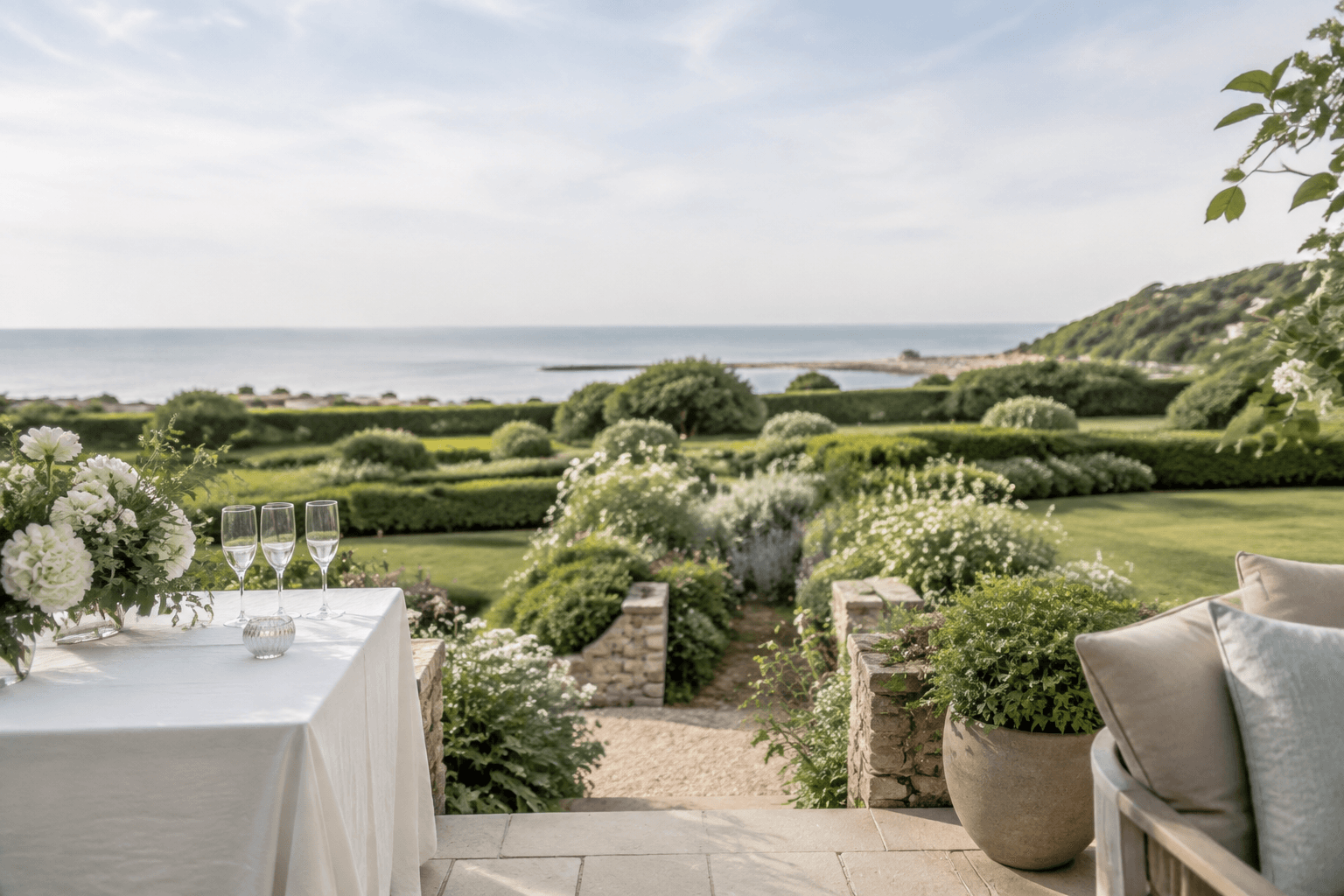 A bright coastal garden terrace prepared for a wedding celebration